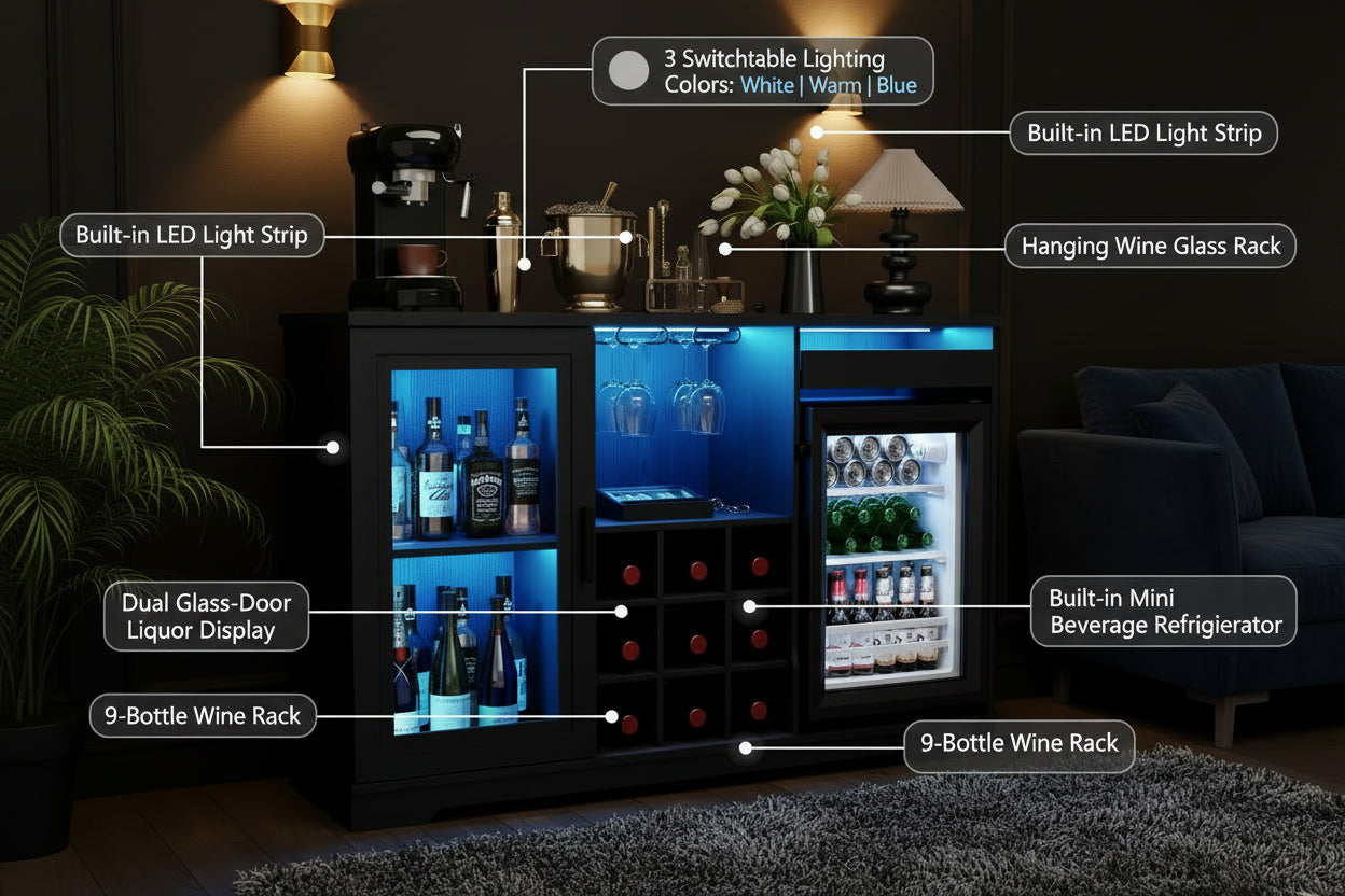 Wine Bar Cabinet with LED Lights & Fridge(Lncluded), Mini Fridge Cabinet with Wine Storage, Human Body Sensor, Sideboard Buffet for Kitchen Dining Room, Black