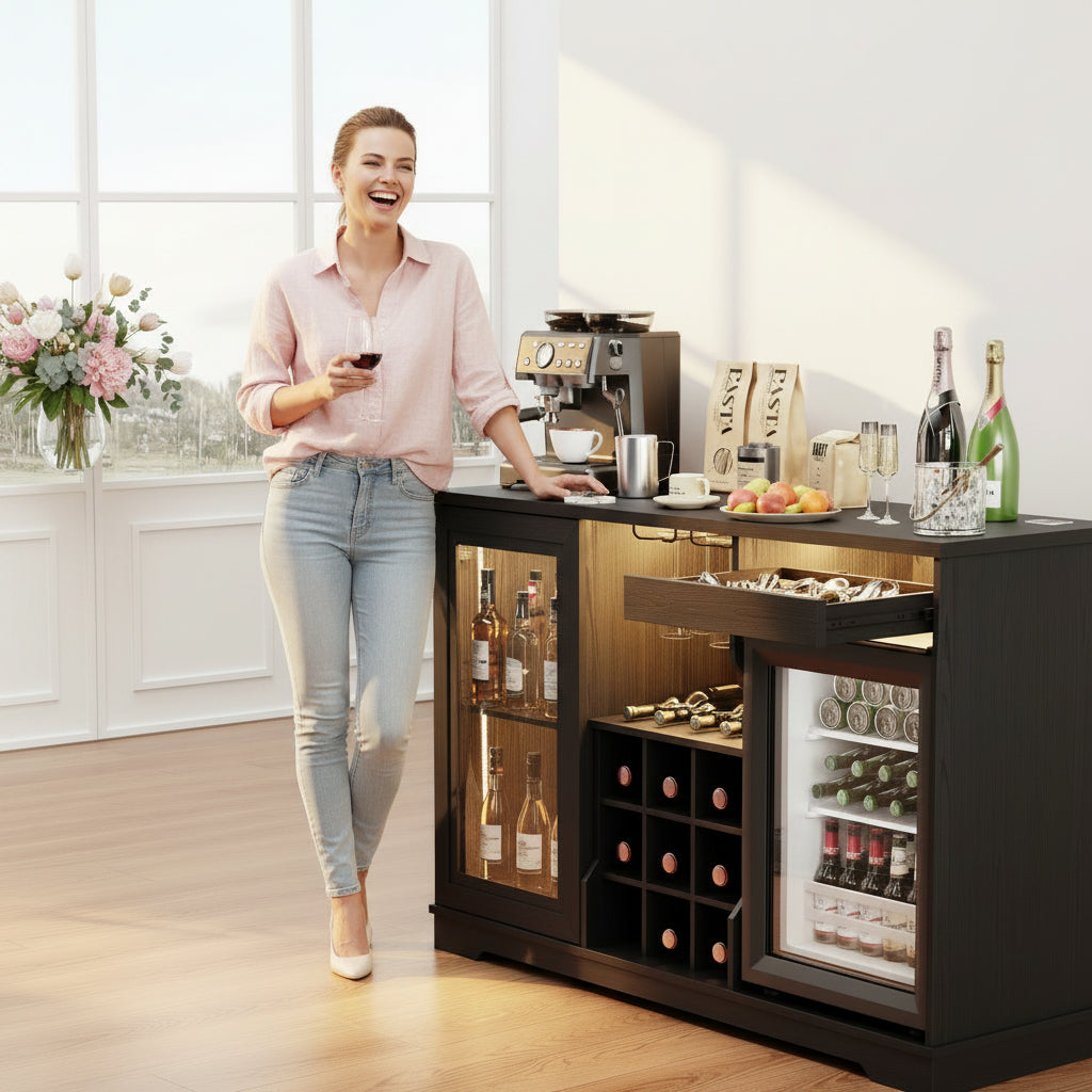 Wine Bar Cabinet with LED Lights & Fridge(Lncluded), Mini Fridge Cabinet with Wine Storage, Human Body Sensor, Sideboard Buffet for Kitchen Dining Room, Black