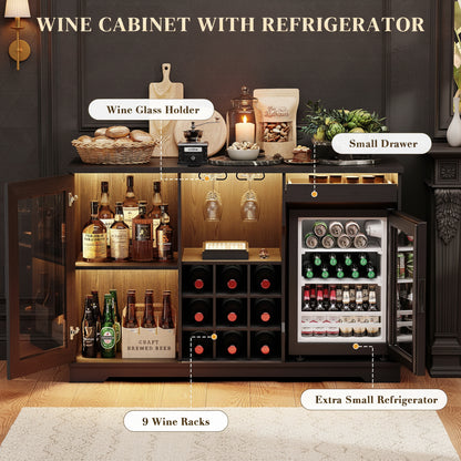 Wine Bar Cabinet with LED Lights & Fridge(Lncluded), Mini Fridge Cabinet with Wine Storage, Human Body Sensor, Sideboard Buffet for Kitchen Dining Room, Black