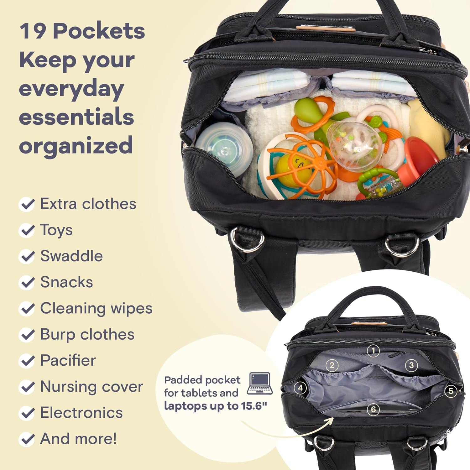 Diaper Bag Backpack, Multifunction Travel Pack Maternity Baby Changing Bags, Large Capacity, Waterproof, Black