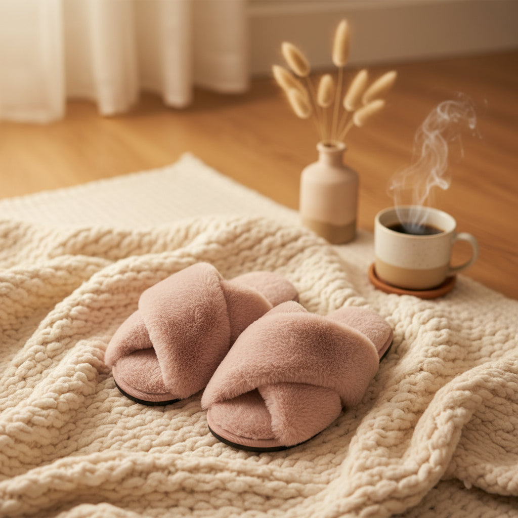 Fuzzy Cross Band Slippers for Women House Fluffy Slipper Winter Bedroom Open Toe