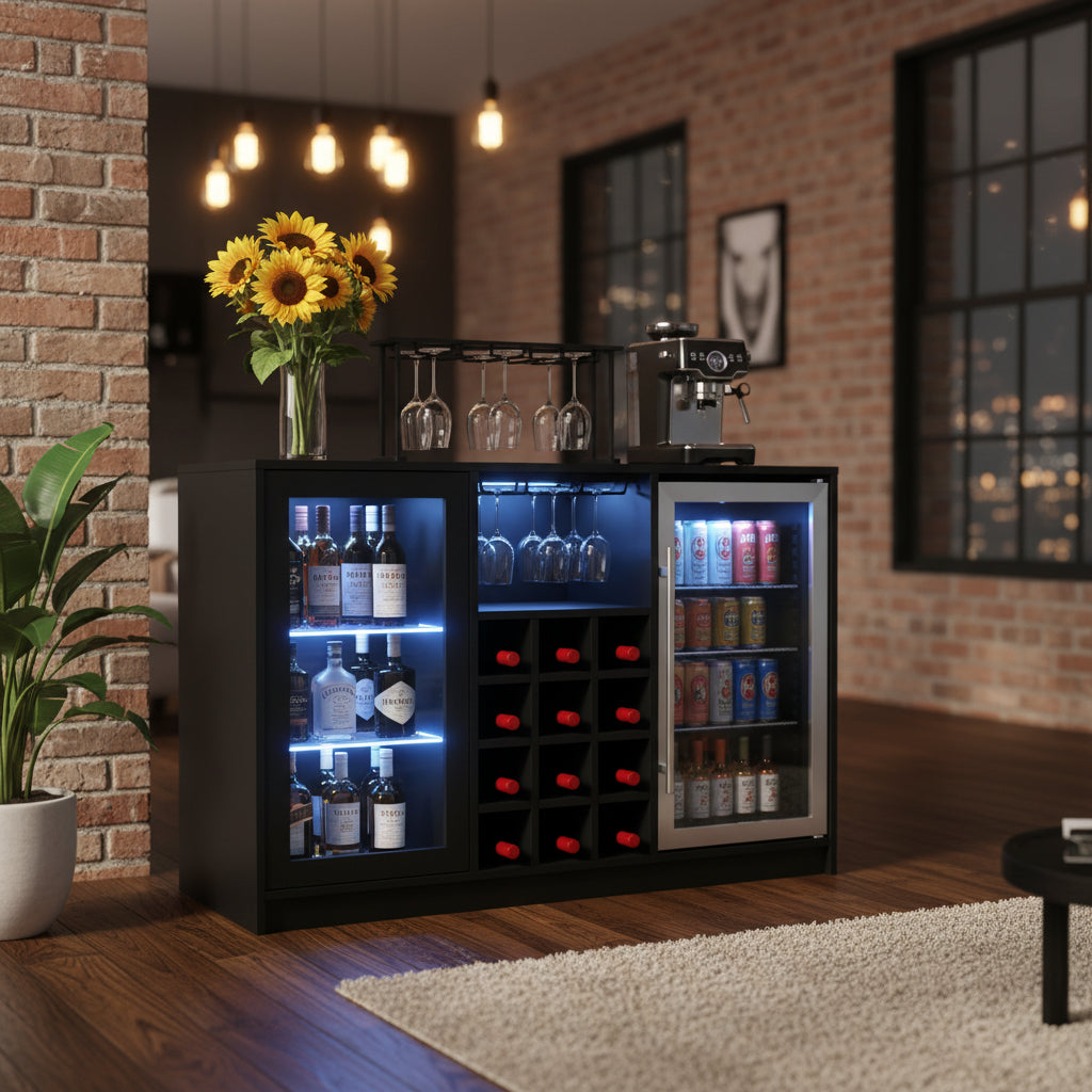 Wine Bar Cabinet with LED Lighting & Built-In Mini Fridge