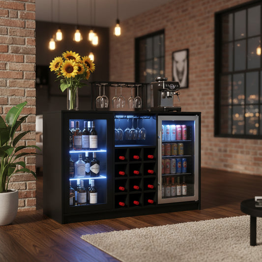 Wine Bar Cabinet with LED Lighting & Built-In Mini Fridge