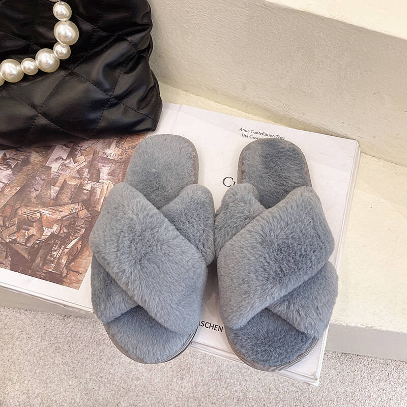 Fuzzy Cross Band Slippers for Women House Fluffy Slipper Winter Bedroom Open Toe