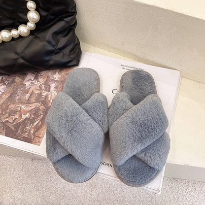 Fuzzy Cross Band Slippers for Women House Fluffy Slipper Winter Bedroom Open Toe
