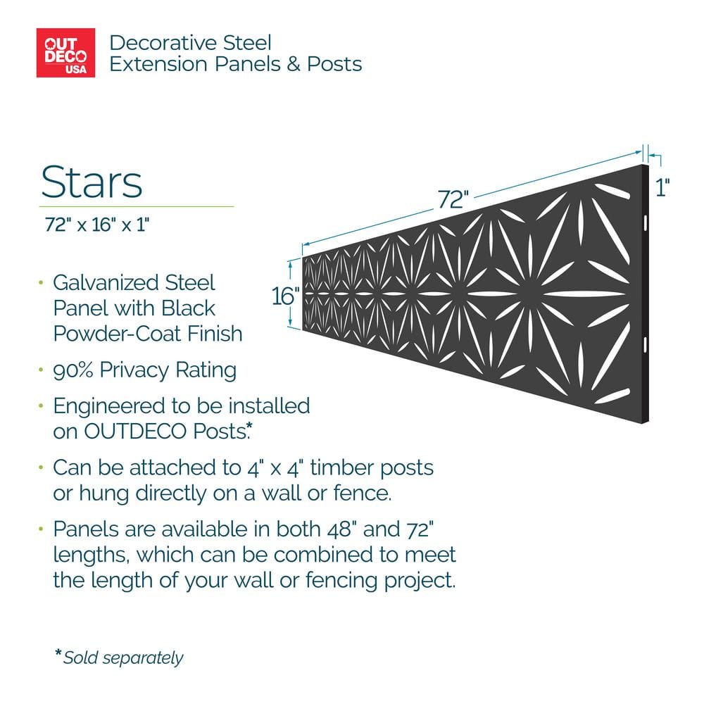 Stars 16 In. X 72 In. Galvanized Black Steel Decorative Screen Panel Wall and Fence Extension Privacy Panel