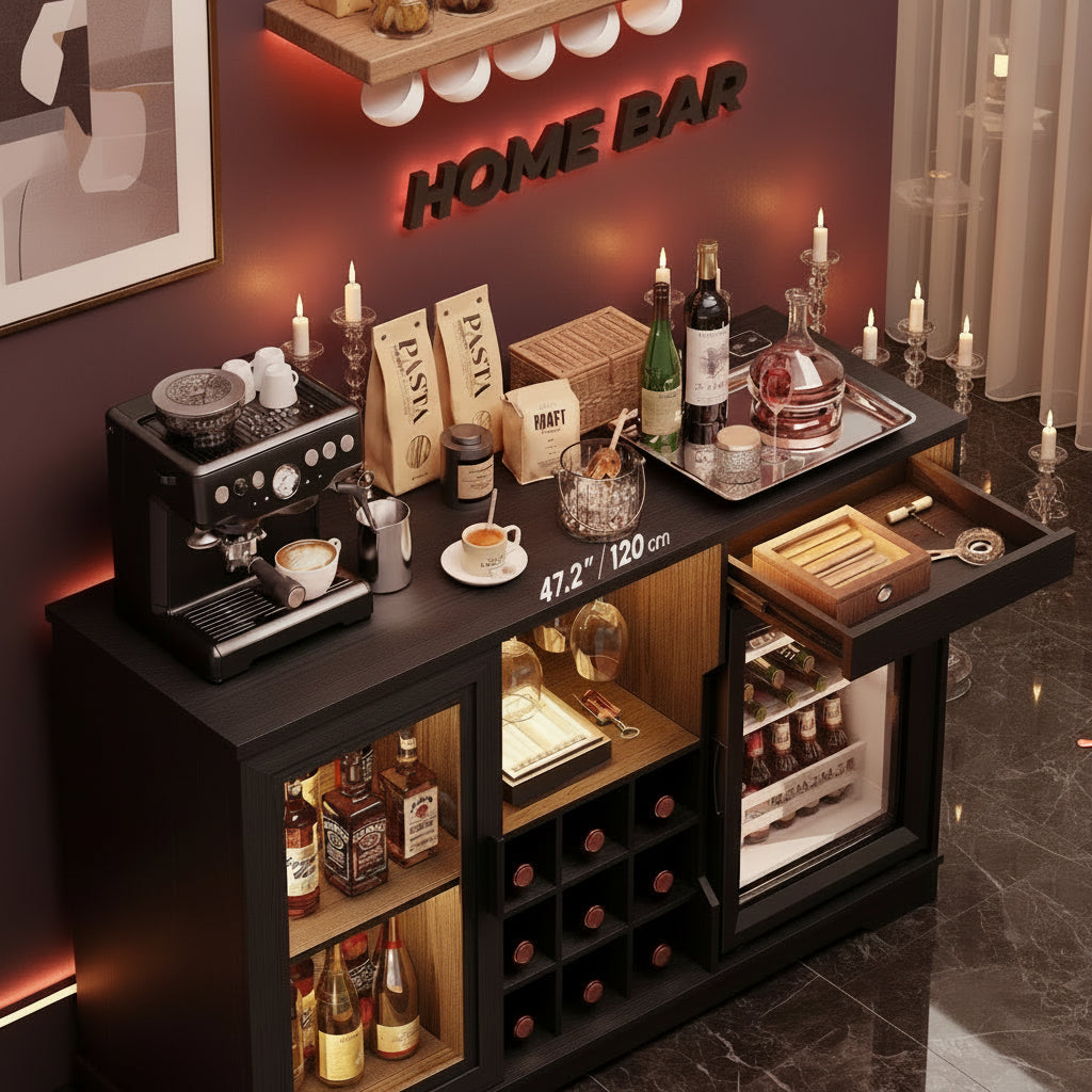 Wine Bar Cabinet with LED Lights & Fridge(Lncluded), Mini Fridge Cabinet with Wine Storage, Human Body Sensor, Sideboard Buffet for Kitchen Dining Room, Black