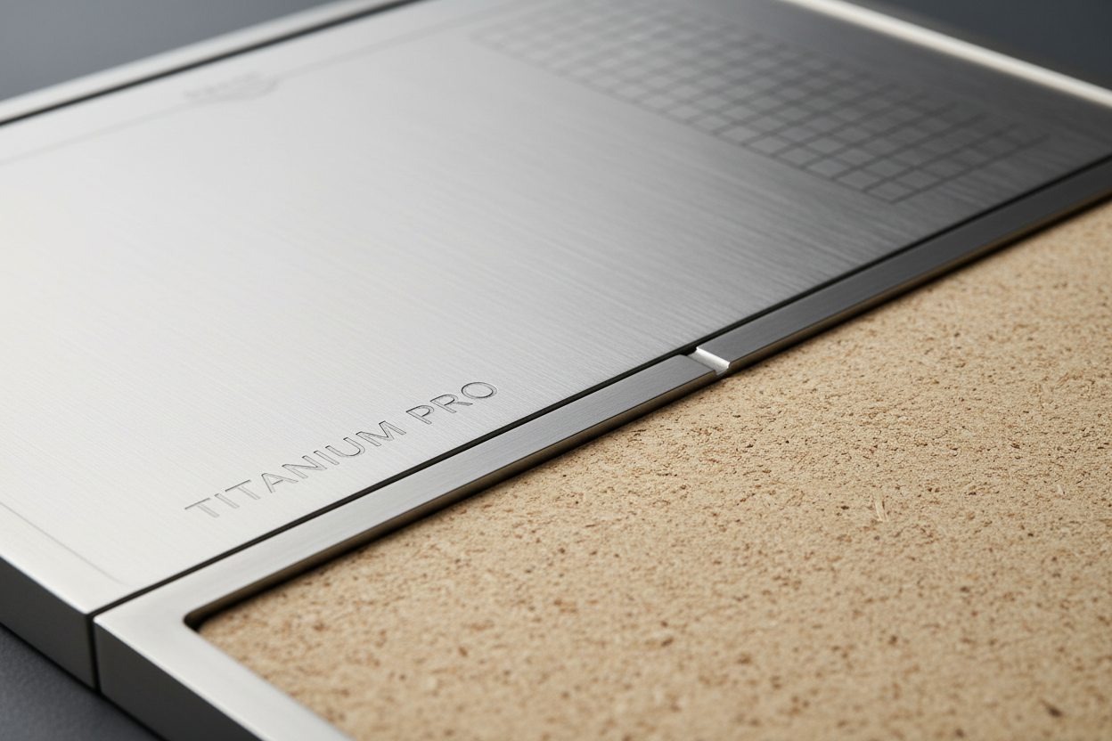 Double-sided titanium cutting board edge detail" / "Titanium cutting board with juice groove" / "Cutting board size comparison" / "Double-sided cutting board in use"