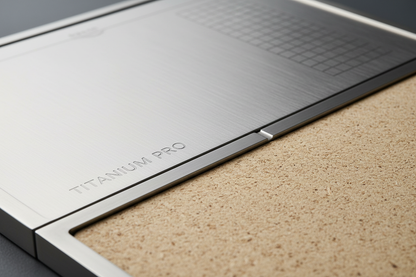 Double-sided titanium cutting board edge detail" / "Titanium cutting board with juice groove" / "Cutting board size comparison" / "Double-sided cutting board in use"