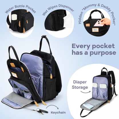 Diaper Bag Backpack, Multifunction Travel Pack Maternity Baby Changing Bags, Large Capacity, Waterproof, Black