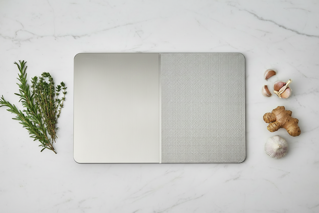 Double-sided titanium cutting board edge detail" / "Titanium cutting board with juice groove" / "Cutting board size comparison" / "Double-sided cutting board in use