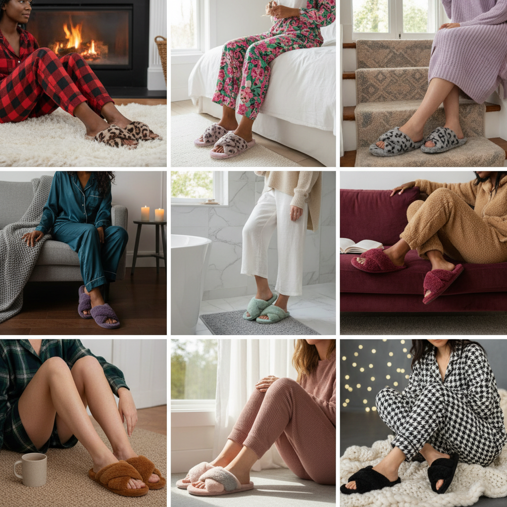 Women's fuzzy cross band slippers available in 12 colors – Leopard Brown, Pink, Blue, Grey, Plum, Mint Green, Off-White, Dark Red, Coffee, Gray, Pink, Black