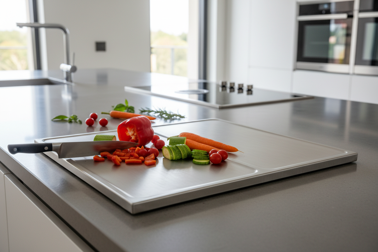 Double-sided titanium cutting board edge detail" / "Titanium cutting board with juice groove" / "Cutting board size comparison" / "Double-sided cutting board in use"