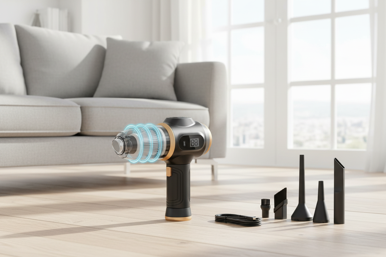 6-in-1 cordless vacuum accessory attachments" / "Cordless vacuum cleaner charging dock" / "Handheld vacuum filter and dustbin"
